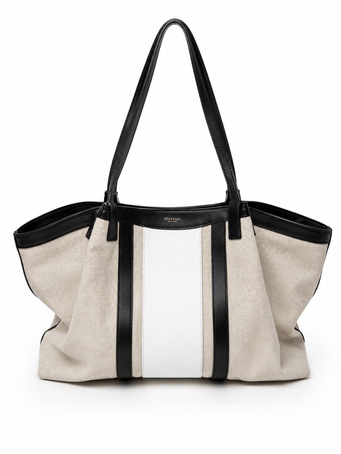 Serapian Ivory Canvas Black Leather Secret Tote Bag